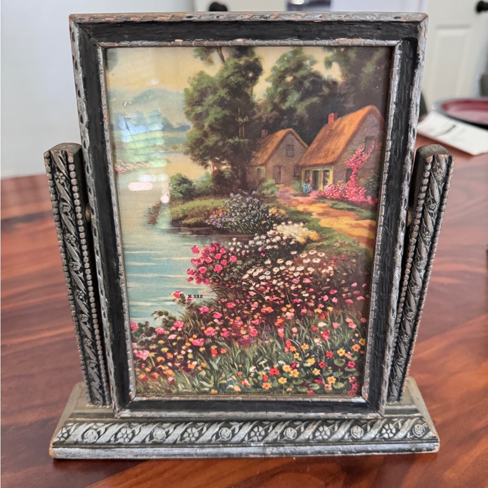 Tilt Swing Picture Frame Antique Art Deco Swinging Tabletop Carved Wood W Photo - Picture 1 of 16